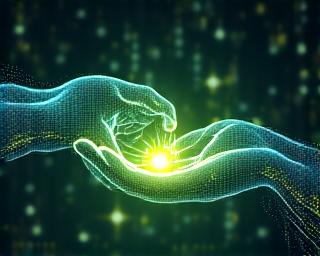 Money being exchanged hands digitally with cryptocurrency symbols